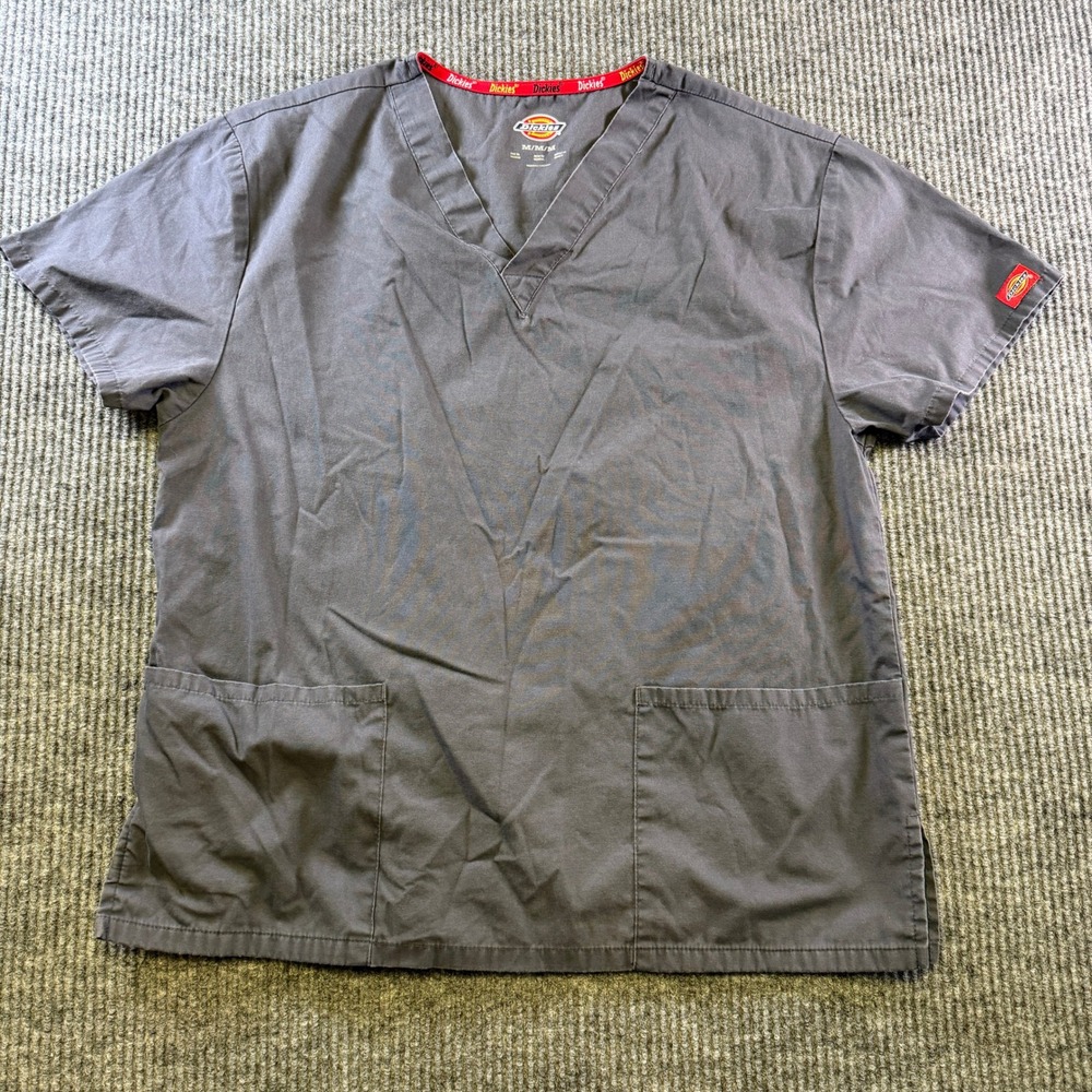 Dickies Scrub Top Medium Gray Cotton Blend Short Sleeve V-Neck Medical Uniform